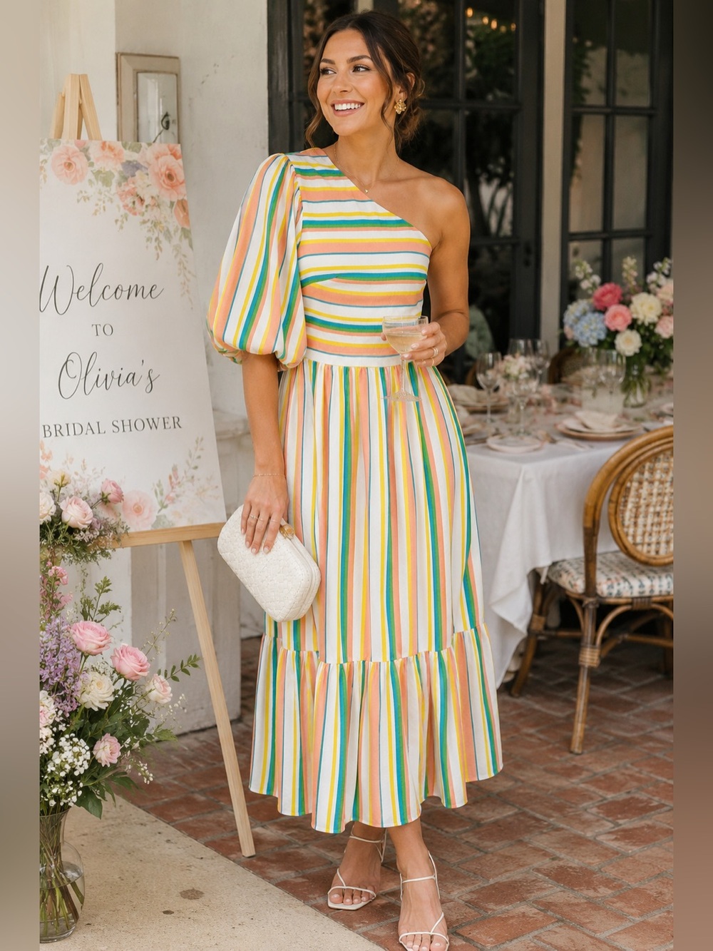 BNWT Rachel Roy One Shoulder Rainbow Stripe Maxi Dress Resortwear Wedding Guest